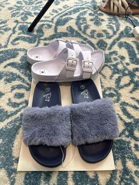 Target’s Shade & Shore White EVA Double Buckle Slides and Art Class Navy Faux Fu